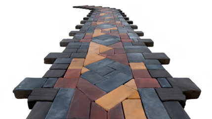 Beautifully designed stone pathway features mix of colors and patterns, creating inviting and artistic outdoor space. stones are arranged unique layout, enhancing aesthetic appeal of gardens