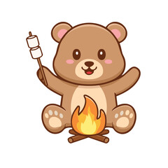 Obraz premium A cute bear roasting marshmallows by a campfire. The bear is holding a marshmallow skewer and has a happy expression. 