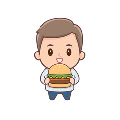 Obraz premium A cartoon character of a happy person holding a burger. The illustration showcases a person with a smiling face, enjoying a delicious meal.