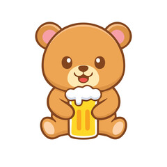 Obraz premium A cute cartoon bear happily enjoying a beer. The illustration features a charming bear character holding a beer glass and smiling