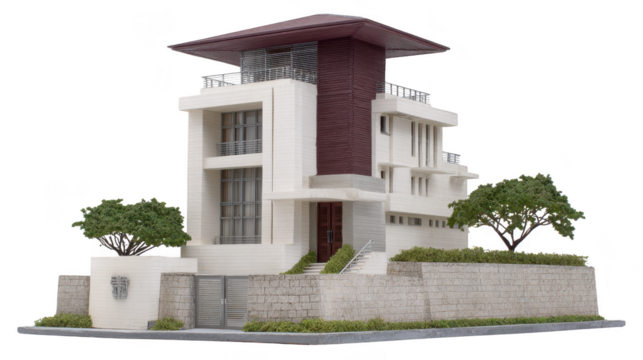 Modern architectural design showcases stylish house with unique roof, large windows, and blend of materials. surrounding greenery enhances contemporary aesthetic, creating welcoming atmosphere