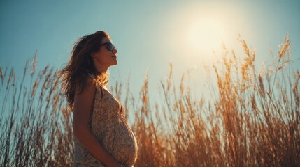 A pregnant woman stands peacefully in a field of tall grass under a bright sun. The warm glow highlights her silhouette as she enjoys the serenity of the moment.