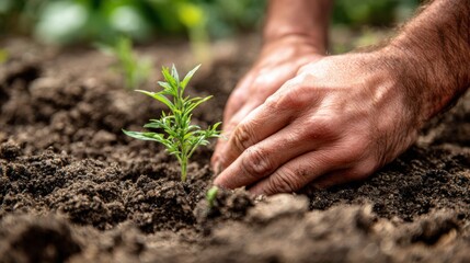 Hands gently place a young green seedling into the moist soil, showcasing careful gardening in a sunlit garden during a warm afternoon. The new growth represents hope and nurturing.