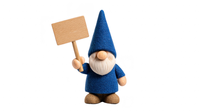 Whimsical gnome figure wearing blue hat and holding blank wooden sign. gnome has round nose and fluffy white beard, exuding playful charm