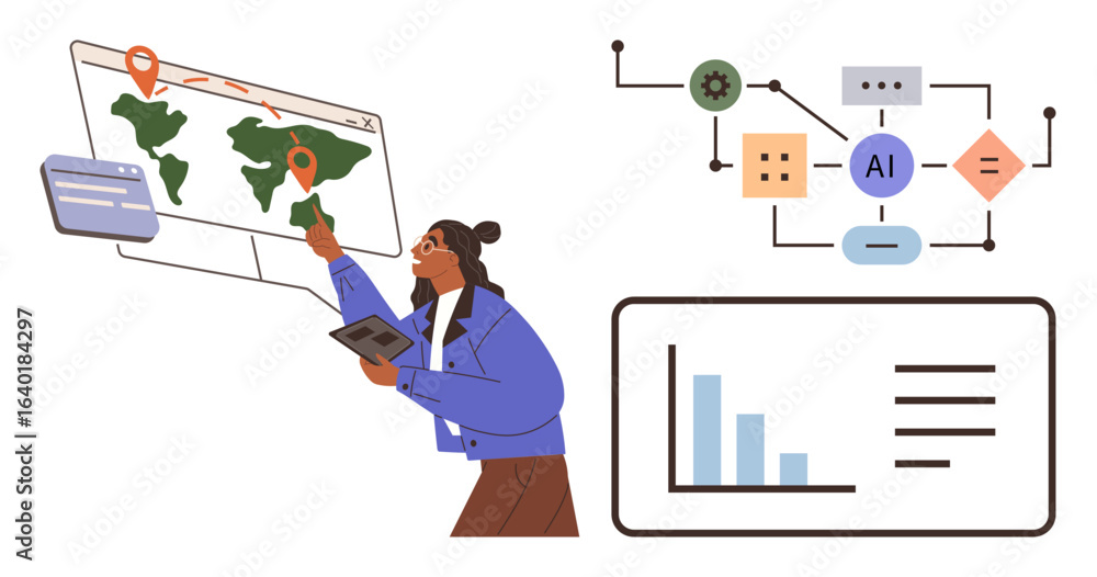 Poster person analyzing global data with map touchpoints, ai flowchart, and bar chart. ideal for technology