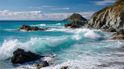 Turquoise waves crash against a rugged coastline under a bright blue sky. Sunlight glimmers on the water, creating a peaceful atmosphere. The scene captures the beauty of nature's coastal features.