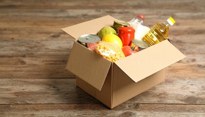A cardboard box filled with various food items, including canned goods, pasta, oil, fruits, and vegetables, sits on a wooden surface.