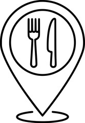 Outline icon of a location pin with a fork and knife in the center symbolizing restaurant location