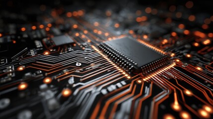 A detailed close-up of a microchip embedded in a circuit board showcases complex circuitry and glowing pathways, emphasizing technology's intricate design in a dim setting.