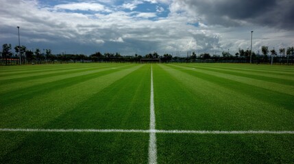 Obraz premium A well-maintained soccer field stretches across the scene, featuring vibrant green grass and clear white lines. Tall trees border the area, enhancing the natural feel.