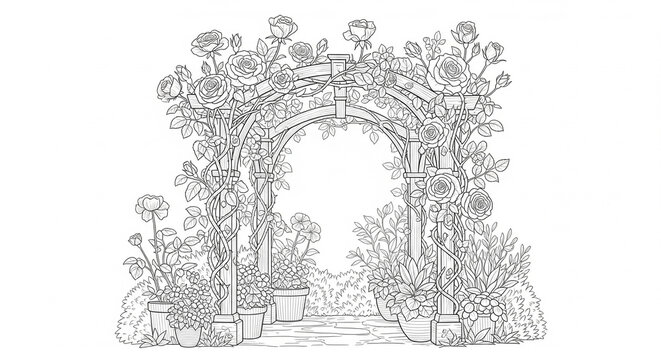 Aquarell Vorlage Rosenbogen im Garten