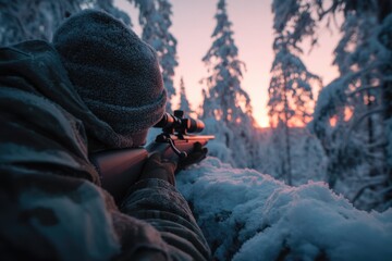 Russian hunter journey: taiga wilderness, silent pursuit, primal instinct, forest silence, rugged terrain, animal track, icy breath, lone figure, rifle grip, deep snow, survival focus, distant howl