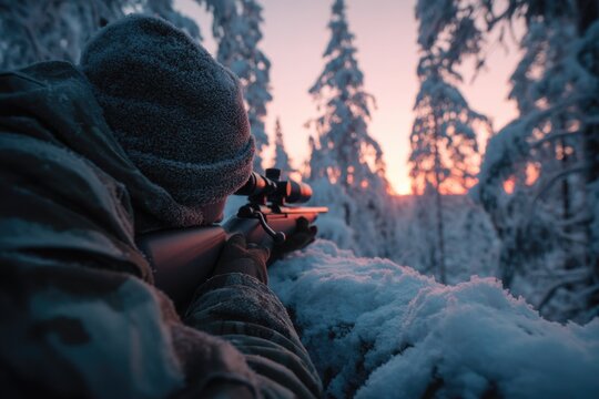 Russian hunter journey: taiga wilderness, silent pursuit, primal instinct, forest silence, rugged terrain, animal track, icy breath, lone figure, rifle grip, deep snow, survival focus, distant howl - Powered by Adobe