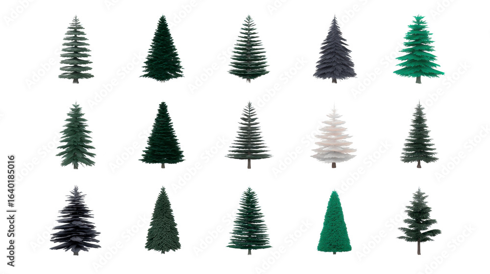Aufkleber collection of various evergreen trees in different styles and colors, showcasing range of shapes and