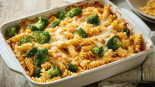 A classic comfort food dish featuring steaming hot broccoli and melted cheese in a ceramic casserole