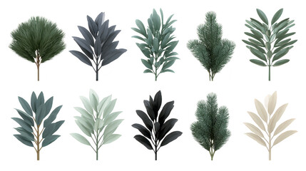 Collection of various leaf designs showcasing different shapes and colors, perfect for digital art or graphic design projects. leaves range from dark green to light shades, creating vibrant