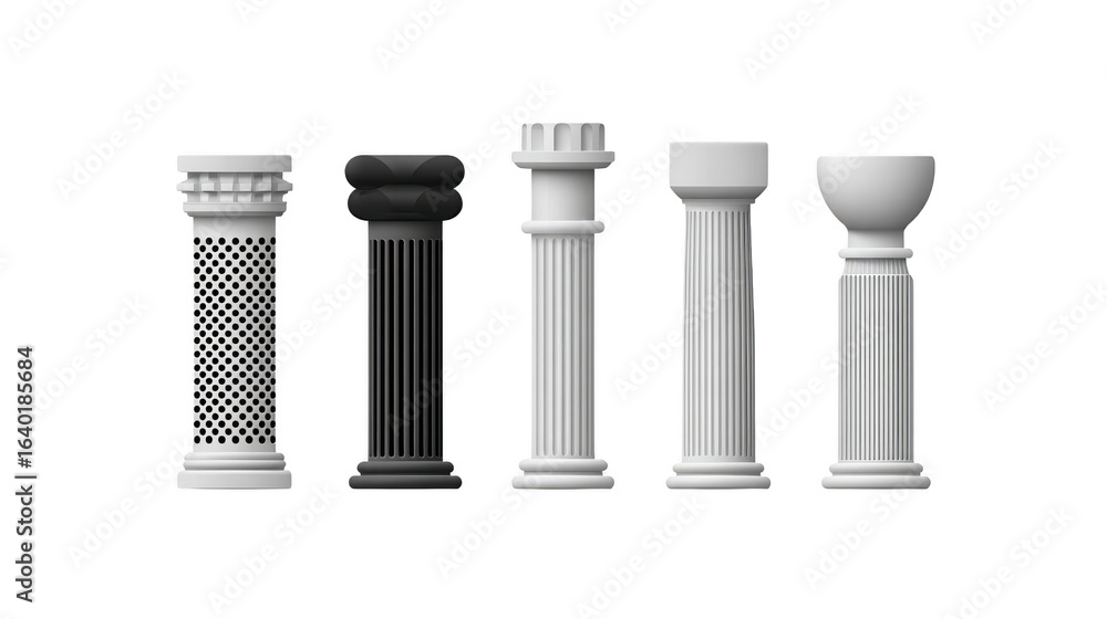 Poster classic architectural columns in various styles and colors, showcasing intricate designs and texture