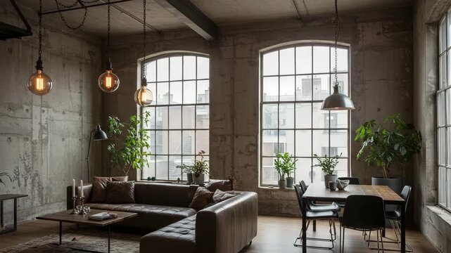 An industrial style loft apartment interior with living and dining area