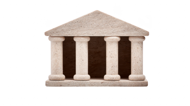 Classic stone building with four columns and triangular pediment, symbolizing strength and stability. This architectural design represents historical significance and timeless elegance