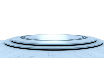 Modern circular stage with glossy marble surface, featuring layered steps and sleek design, ideal for presentations or performances. clean lines and reflective quality create elegant atmosphere