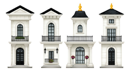 Elegant architectural designs featuring four distinct white buildings with decorative elements. Each structure showcases unique windows, balconies, and ornamental details, creating charming urban