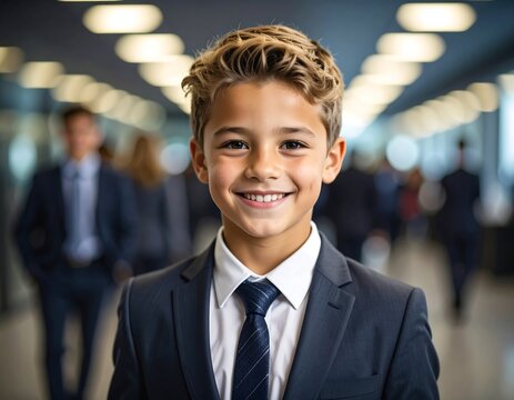 A young boy in a business suit smiles - Powered by Adobe