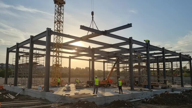 Building framework with steel beams and crane on a sunset