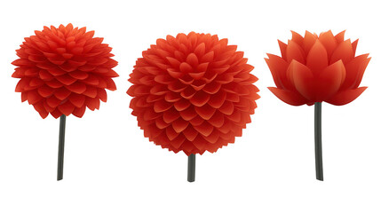 Beautiful red flowers in three distinct styles, showcasing vibrant petals and unique shapes. These floral designs add touch of elegance and warmth to any setting