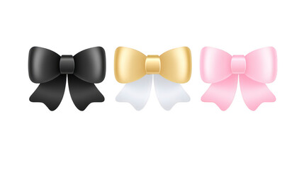 Elegant bows in black, gold, and pink colors, perfect for decoration or gift wrapping, adding touch of charm and style to any occasion
