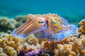 Amazing flamboyant cuttlefish walking underwater on coral reef marine life animal photography picture stock image