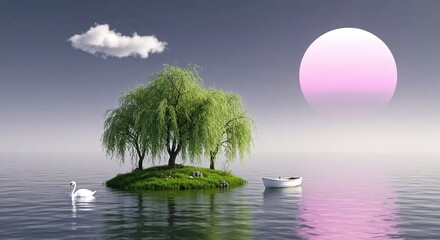 Tranquil island with tree and swan under sunset sky and water  
