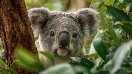 Obraz premium A curious koala gazes from behind a tree in a lush environment, surrounded by vibrant green leaves, enjoying a peaceful moment in its habitat.