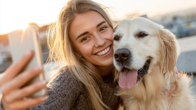 A young woman enjoys a joyful moment with her golden retriever, capturing a delightful selfie as the sun sets in a city park, highlighting their happiness and bond. - Powered by Adobe