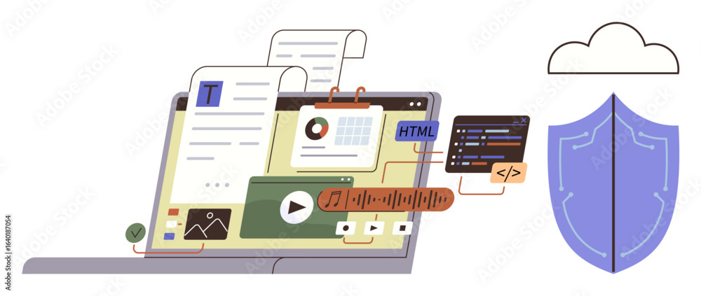 Poster laptop with multimedia files, code, visuals, and cloud-connected shield symbolizing secure online da