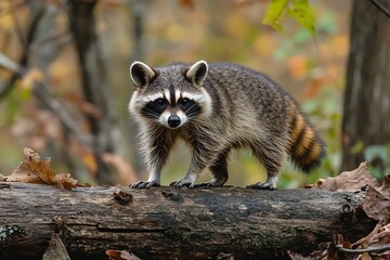 Fototapeta premium Raccoon portrait wildlife animal mammal nature forest cute mask striped tail outdoors woodland wild animal