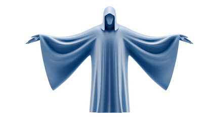 Mysterious figure draped in flowing blue cloak, with hood obscuring face, stands with arms outstretched. design evokes sense of intrigue and otherworldliness, perfect for fantasy themes