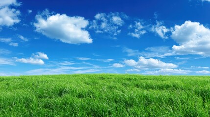 A vibrant green field stretches into the horizon, bathed in sunlight. Fluffy white clouds dot a clear blue sky, creating a serene and peaceful atmosphere.