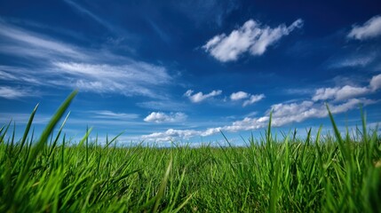 A lush field of green grass stretches out under a clear blue sky adorned with fluffy white clouds. It is a sunny day, perfect for enjoying nature's beauty in an open area.