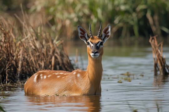Portrait of a sitatunga antelope in water, african wildlife photography, swamp animal, nature photography - Powered by Adobe