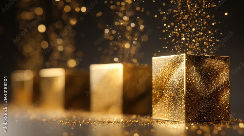 Poster golden cubes stand in a row, surrounded by shimmering particles of glitter that cascade down. the da