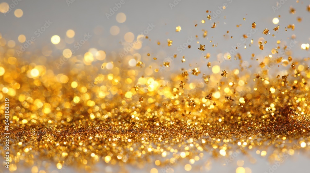 Poster a dazzling array of golden glitter particles shimmer on a smooth surface, creating a stunning displa