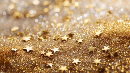 Sparkling golden stars scatter across a bed of glitter, forming a dazzling backdrop perfect for celebrations, crafts, or party decorations, enhancing any occasion's festive spirit.