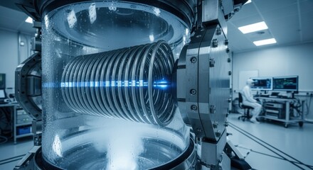 Highresolution image of superconducting coils wound tightly within accelerator magnets cooled by liquid helium in a sterile underground lab.