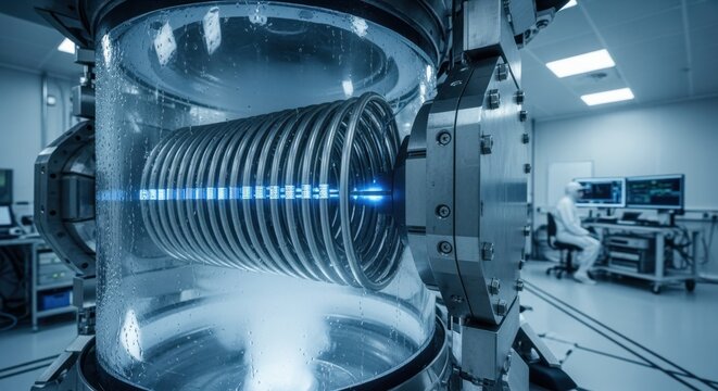 Highresolution image of superconducting coils wound tightly within accelerator magnets cooled by liquid helium in a sterile underground lab.