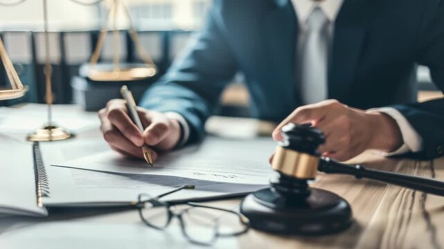 Lawyer reviews contract, with scale of justice, gavel, and glasses nearby. Legal professional drafting paperwork for a case, ensuring justice and fairness.