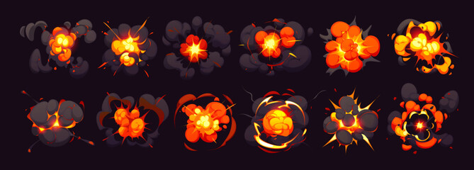 Cartoon bomb explosion blast effect, comic fire and smoke boom clouds game sprite sheet, fx sequence frame. Vector explode burst animation storyboard frame. User interface, GUI explosive weapon bang