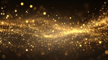 Golden particles dance gracefully in a dark setting, creating an enchanting and ethereal atmosphere. The shimmering effect evokes a sense of wonder and beauty.