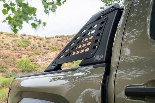 Fort Collins, CO, USA - August 8, 2025: ARB bed racks on 2025 Toyota Tacoma Trailhunter truck in Colorado foothills.