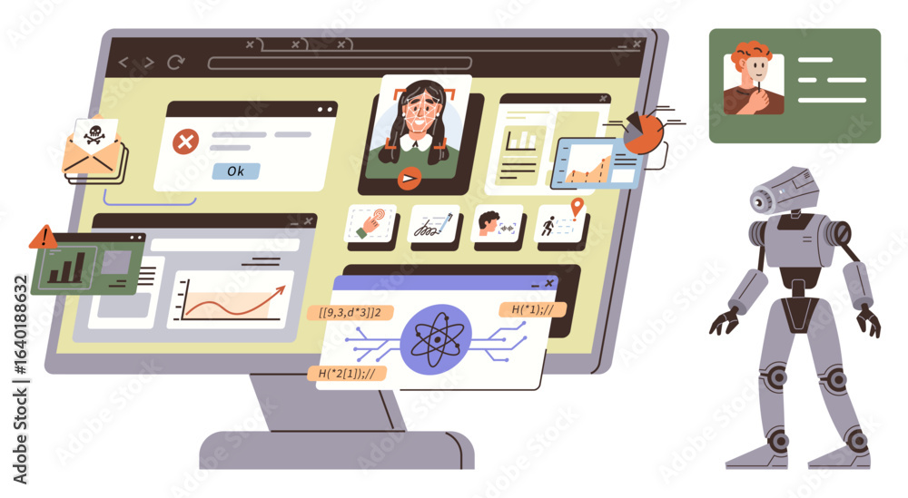 Poster computer monitor with analytics, emails, warnings, and robot signifying ai. ideal for cybersecurity,