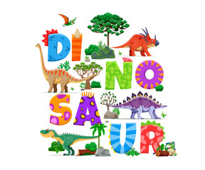 Prehistoric dinosaur characters and cartoon Jurassic lizards, vector banner for kids. Funny dinosaur characters, reptiles and pterodactyl for dino park party, encyclopedia atlas or paleontology book